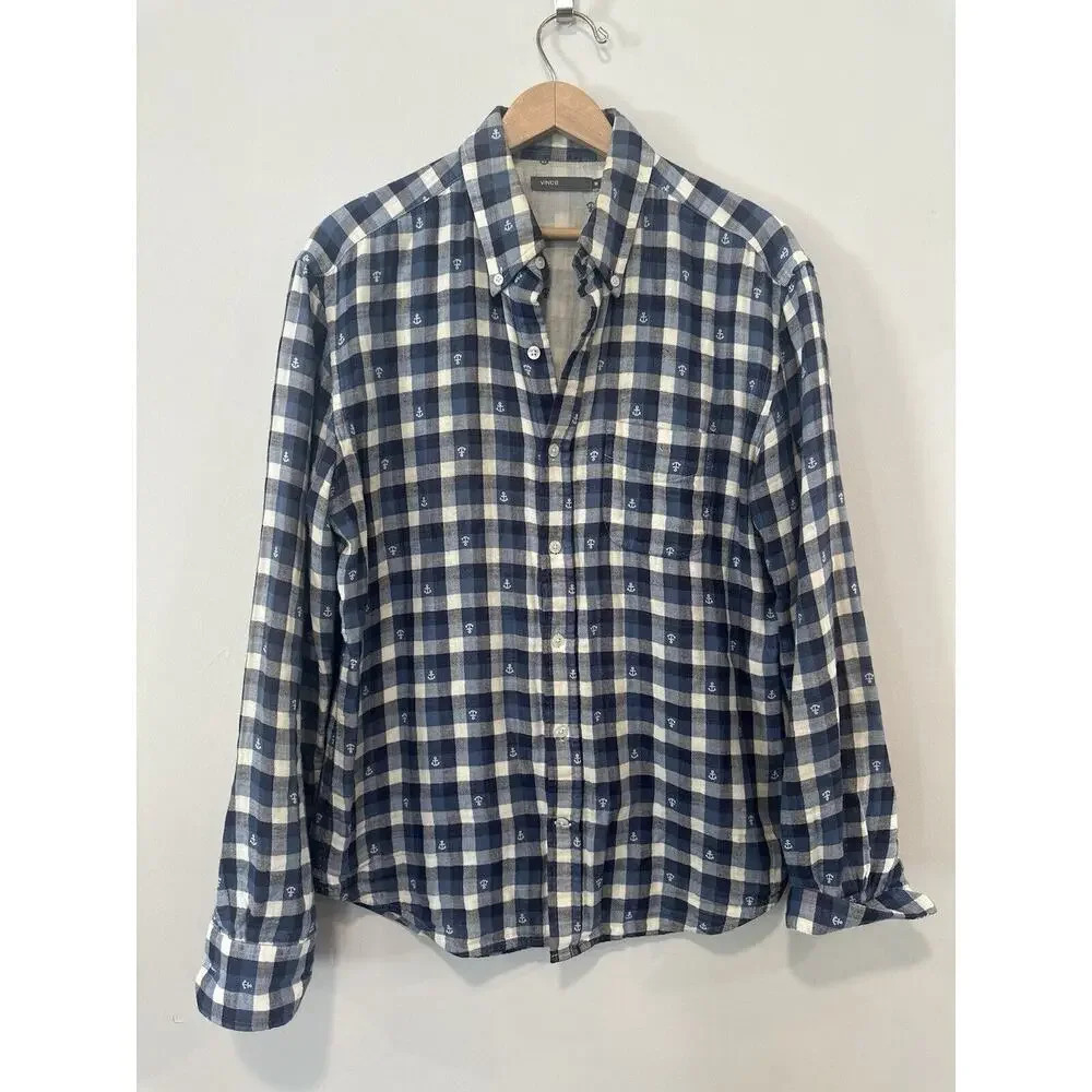 Vince Mens Anchor Print Button Up Shirt Plaid Long Sleeve Shirt Size Medium